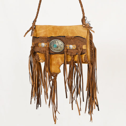 ADBGM474 Western Fringe Leather Crossbody Bag - Rawhide Style with Turquoise Concho & Braided Strap