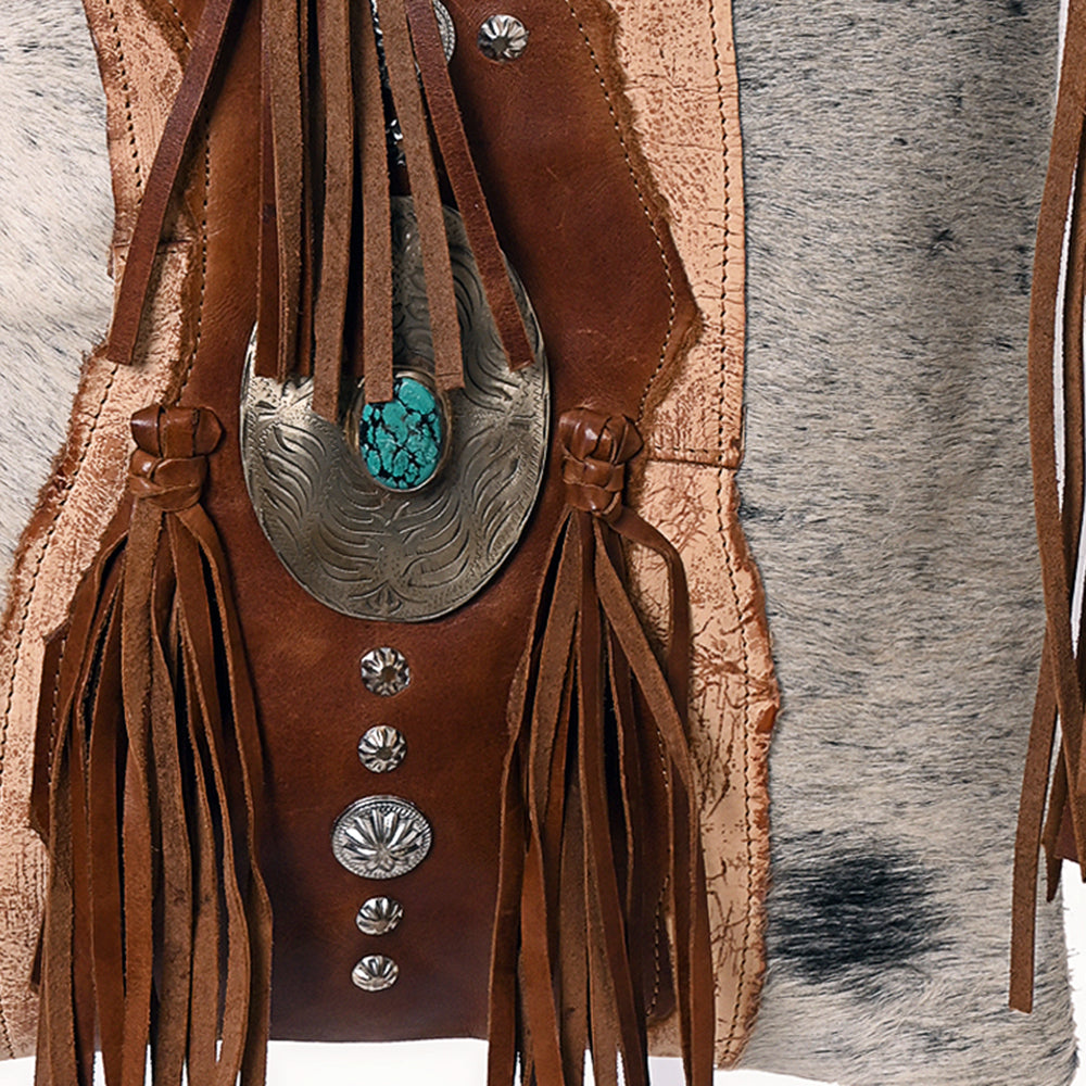 ADBGM476 Cowhide & Leather Fringe Messenger Bag - Crescent Concho with Turquoise & Studded Strap