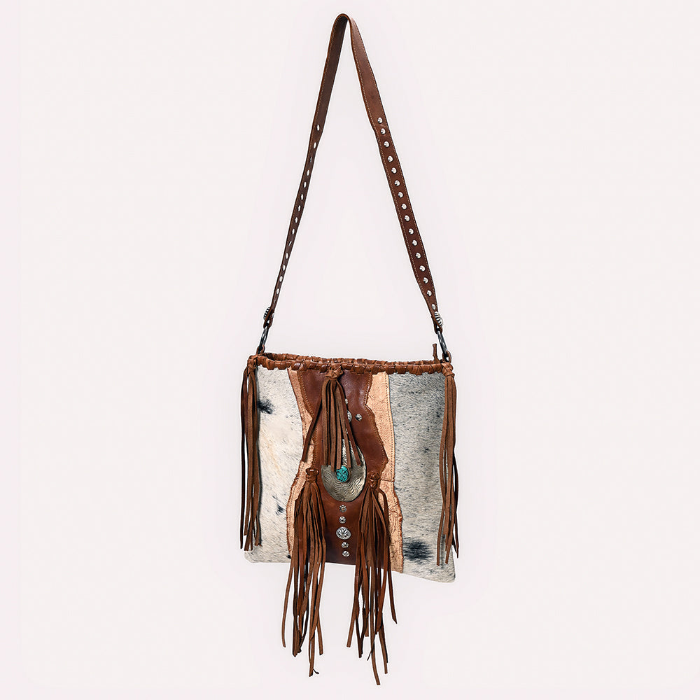 ADBGM476 Cowhide & Leather Fringe Messenger Bag - Crescent Concho with Turquoise & Studded Strap