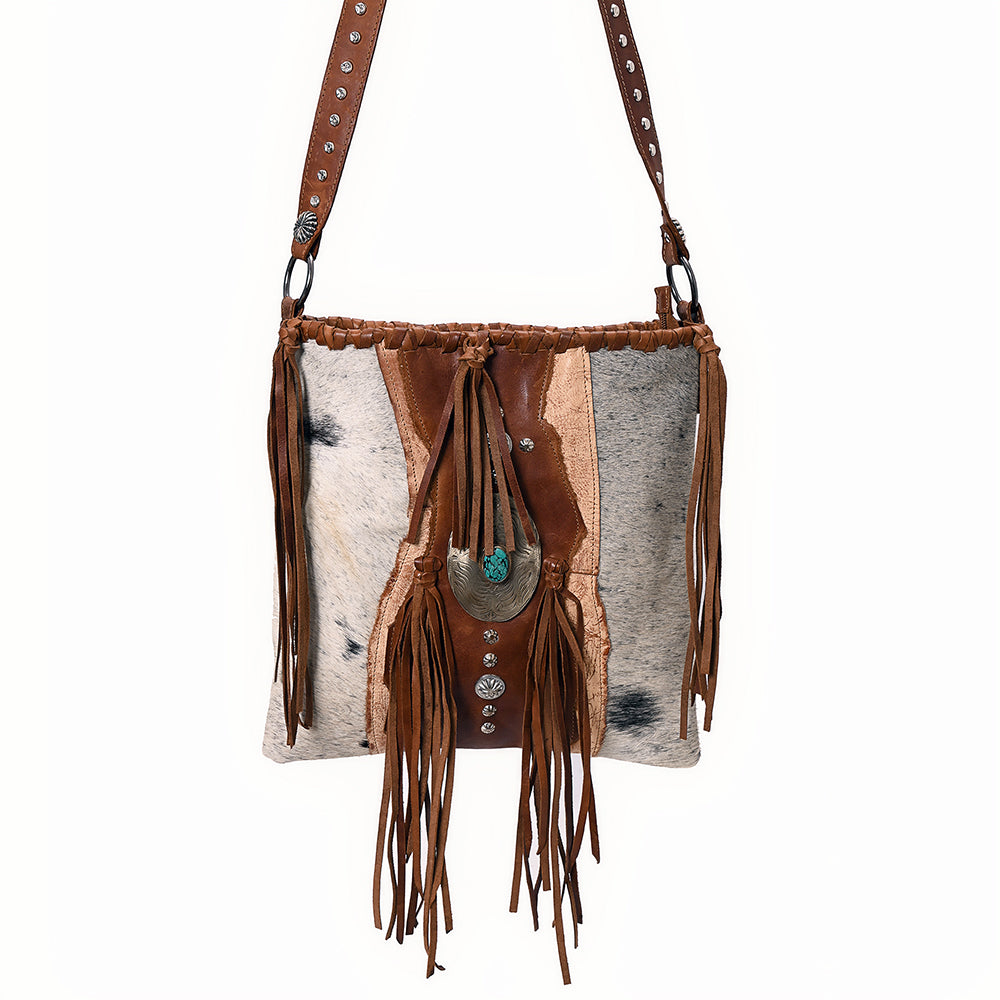 ADBGM476 Cowhide & Leather Fringe Messenger Bag - Crescent Concho with Turquoise & Studded Strap