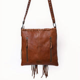ADBGM476 Cowhide & Leather Fringe Crossbody Bag - Crescent Concho with Turquoise & Studded Strap