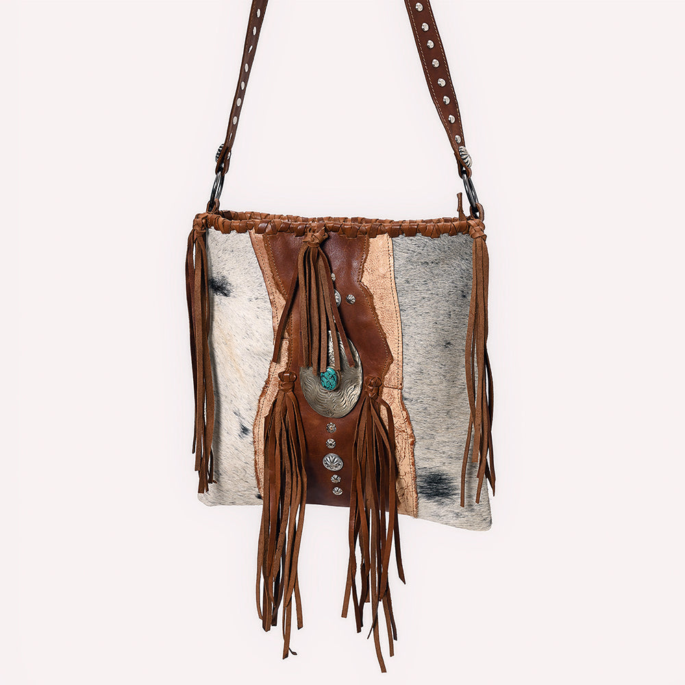 ADBGM476 Cowhide & Leather Fringe Messenger Bag - Crescent Concho with Turquoise & Studded Strap