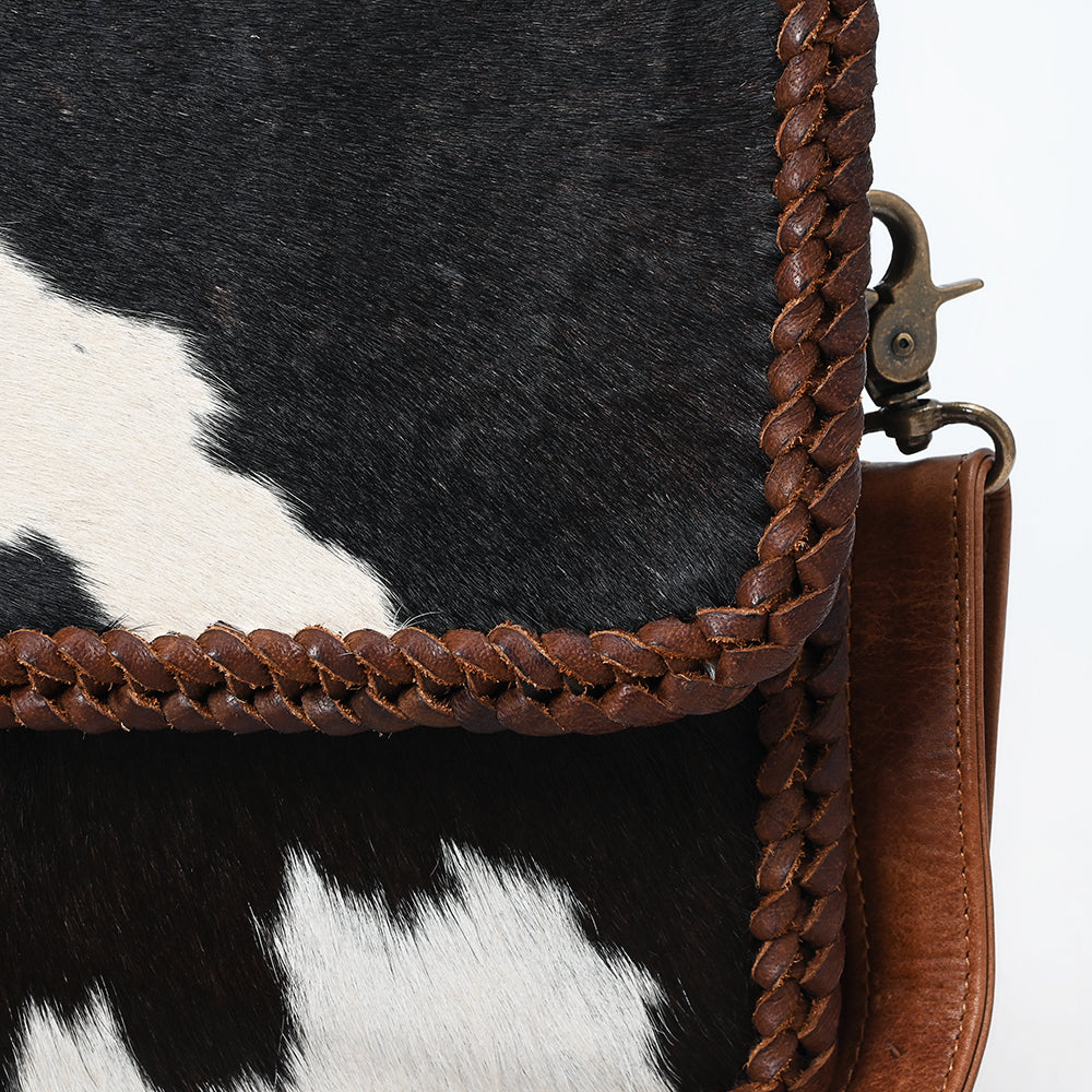 ADBGM480 Black & White Cowhide Crossbody Bag - Western Flapover with Braided Leather Trim