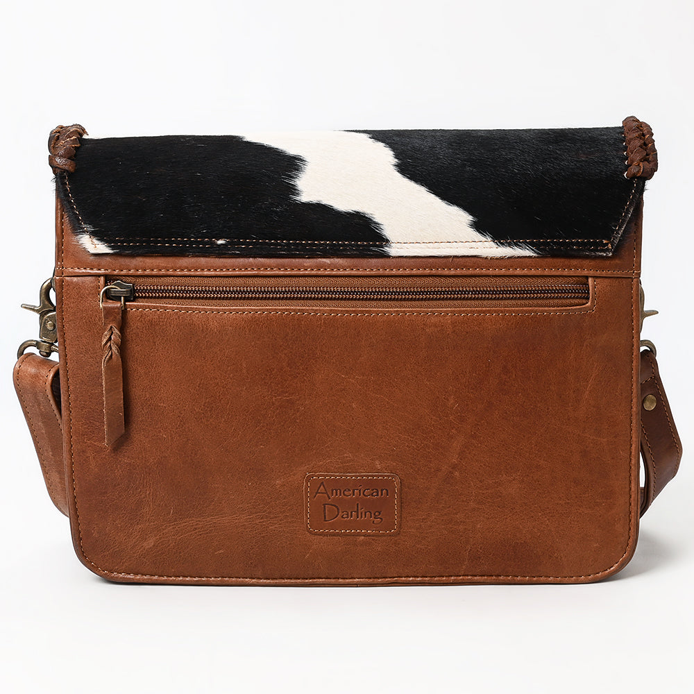 ADBGM480 Black & White Cowhide Crossbody Bag - Western Flapover with Braided Leather Trim