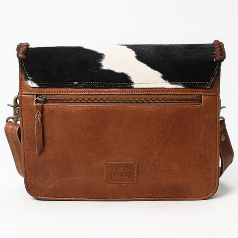 ADBGM480 Black & White Cowhide Crossbody Bag - Western Flapover with Braided Leather Trim