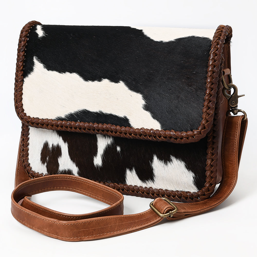 ADBGM480 Black & White Cowhide Crossbody Bag - Western Flapover with Braided Leather Trim