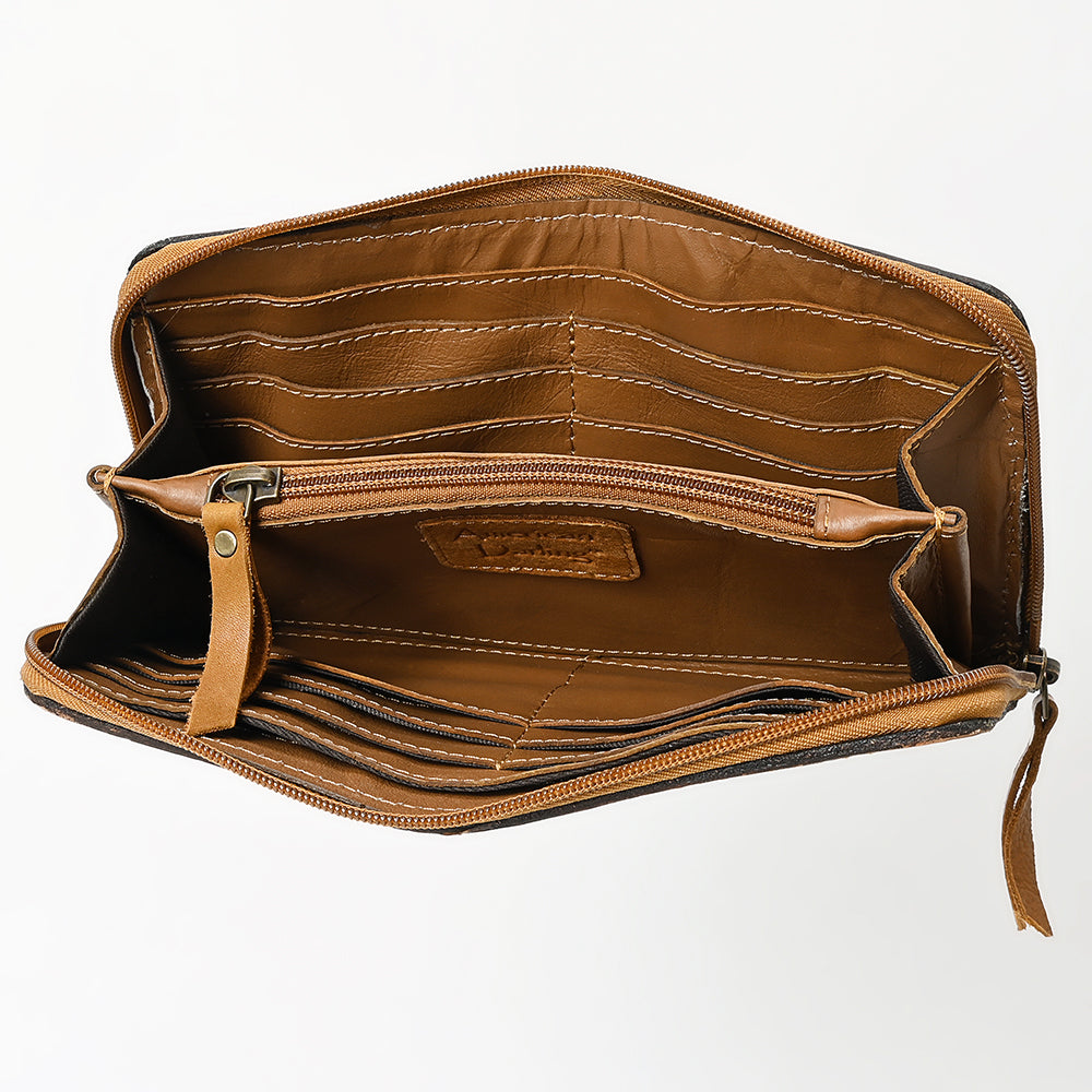 ADBGA629 Hand-Tooled Leather Wallet with Floral Scrollwork & Zip Closure