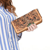 ADBGA629 Hand-Tooled Leather Wallet with Floral Scrollwork & Zip Closure