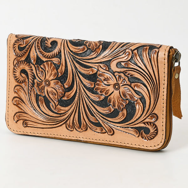 ADBGA629 Hand-Tooled Leather Wallet with Floral Scrollwork & Zip Closure