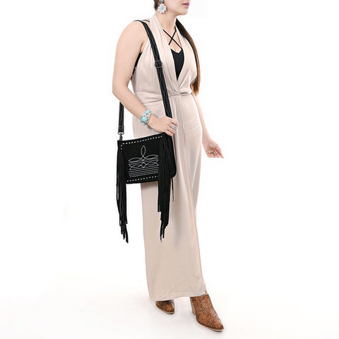 American Darling Black Genuine Suede Leather Crossbody Bag with Fringe & Buck Stitch Detailing