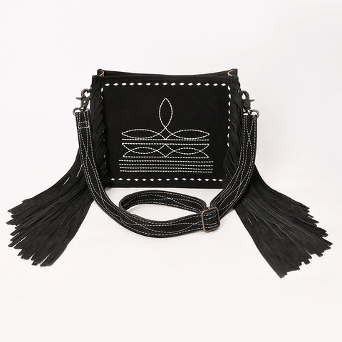 American Darling Black Genuine Suede Leather Crossbody Bag with Fringe & Buck Stitch Detailing