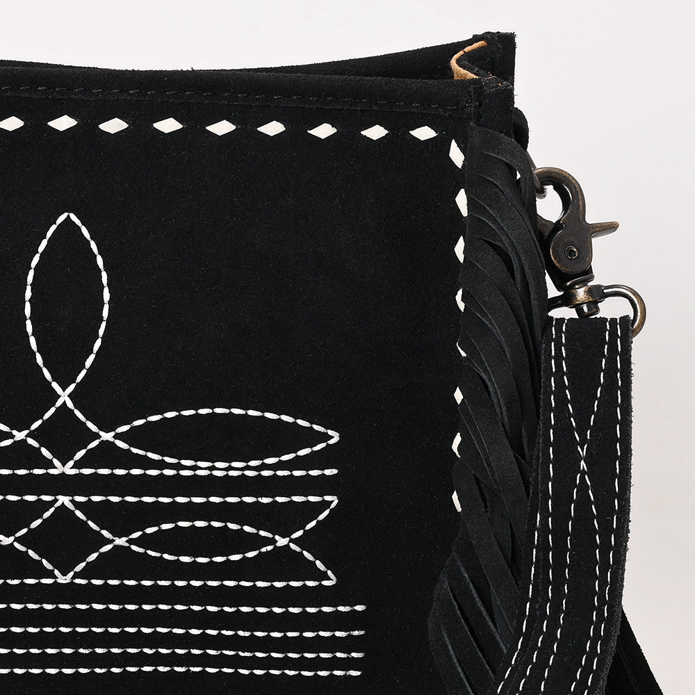 ADBG1572A Black Genuine suede Fringe Crossbody with White Western Stitch