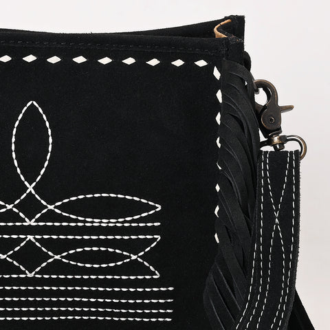 American Darling Black Genuine Suede Leather Crossbody Bag with Fringe & Buck Stitch Detailing