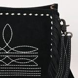ADBG1572A Black Suede Fringe Crossbody with White Western Stitch