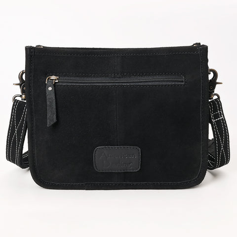 American Darling Black Genuine Suede Leather Crossbody Bag with Fringe & Buck Stitch Detailing