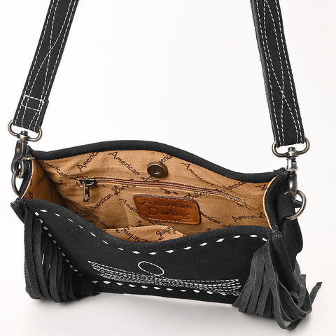 American Darling Black Genuine Suede Leather Crossbody Bag with Fringe & Buck Stitch Detailing