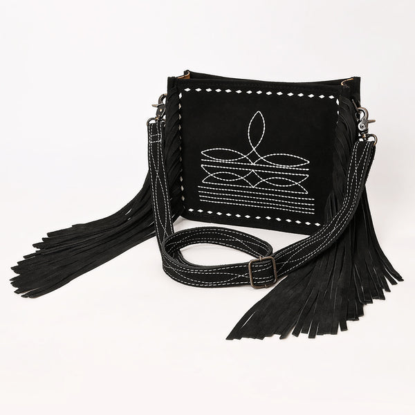 ADBG1572A Black Suede Fringe Crossbody with White Western Stitch