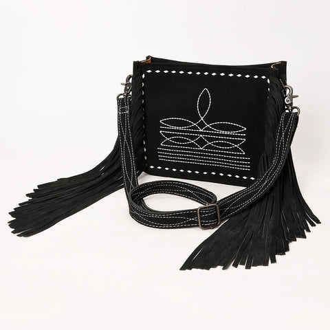 American Darling Black Genuine Suede Leather Crossbody Bag with Fringe & Buck Stitch Detailing