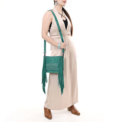 American Darling Western Genuine Suede Leather Crossbody Bag with Fringe & Buck Stitch Detailing