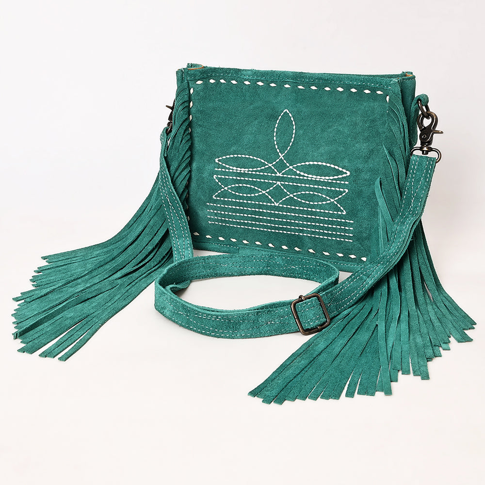 ADBG1572 Genuine suede Fringe Crossbody - White Stitch Western Bag