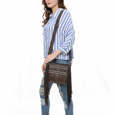 American Darling Western Genuine Suede Leather Crossbody Bag with Fringe & Buck Stitch Detailing