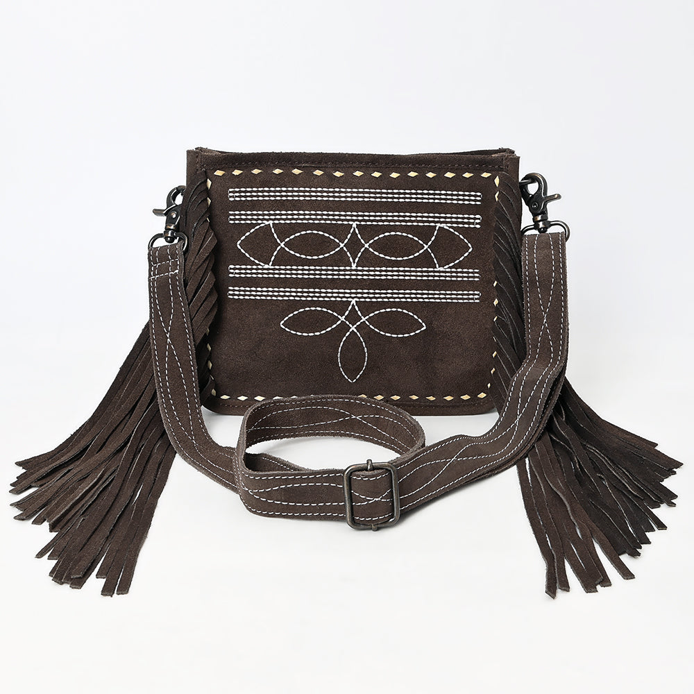 ADBG1572 Genuine suede Fringe Crossbody - White Stitch Western Bag