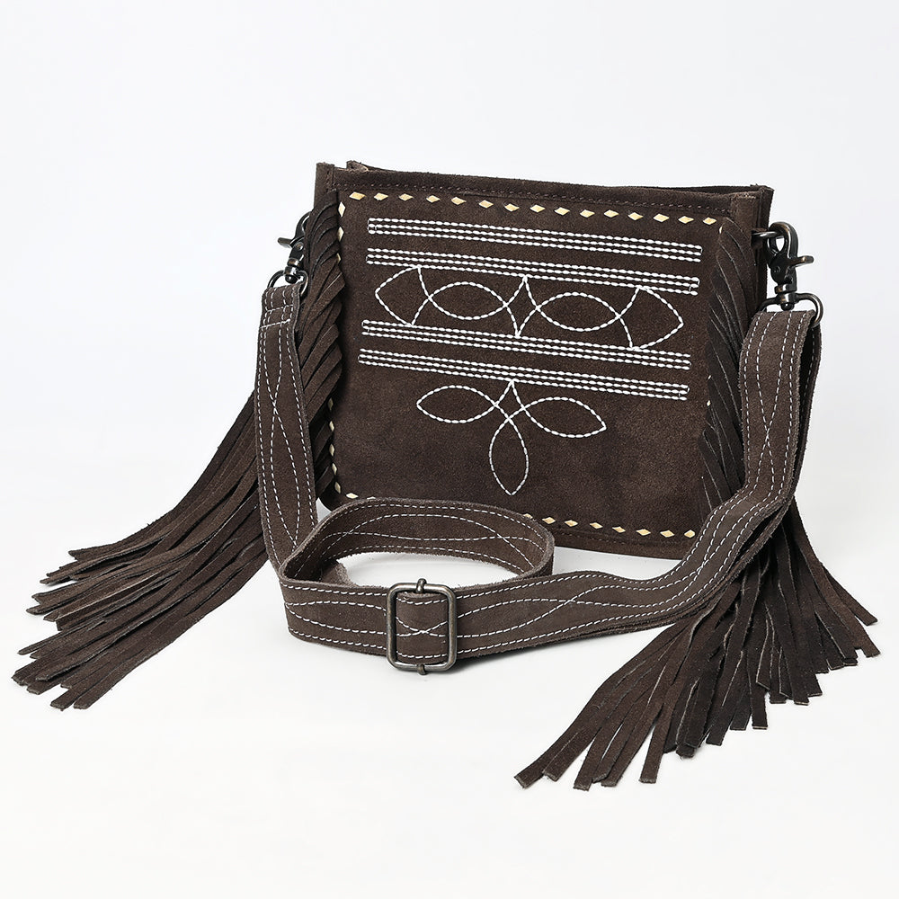 ADBG1572 Genuine suede Fringe Crossbody - White Stitch Western Bag