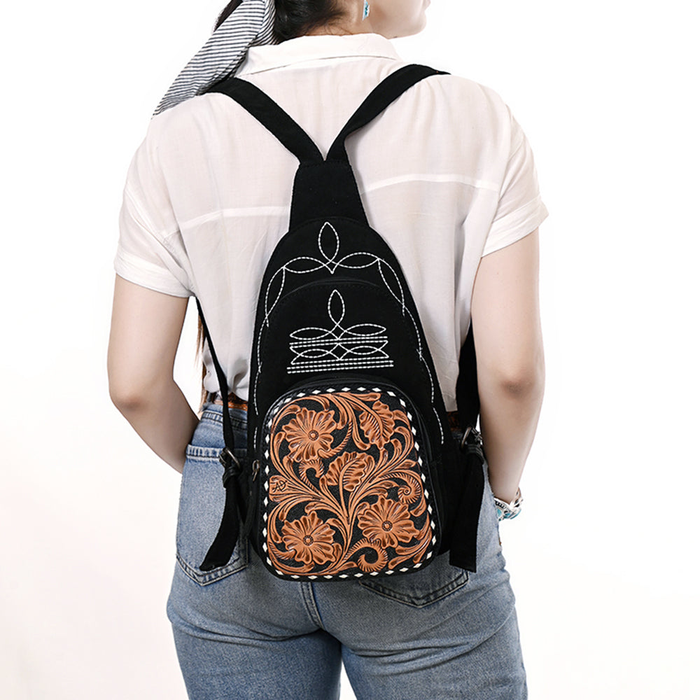 ADBG1573A Black Genuine suede Sling Bag - Tooled Leather Floral Pocket