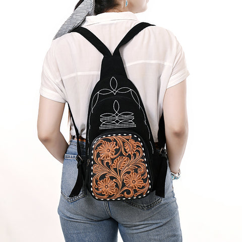 American Darling Black Suede Genuine Leather Sling Bag with Hand Tooled Floral Front & Buck Stitch Details