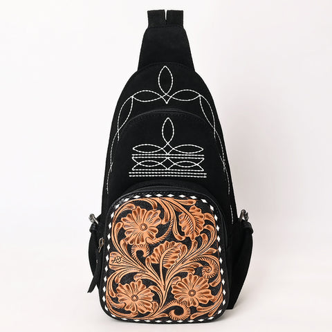 American Darling Black Suede Genuine Leather Sling Bag with Hand Tooled Floral Front & Buck Stitch Details