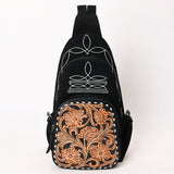 ADBG1573A Black Suede Sling Bag - Tooled Leather Floral Pocket