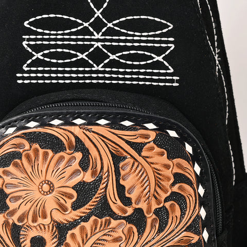 American Darling Black Suede Genuine Leather Sling Bag with Hand Tooled Floral Front & Buck Stitch Details