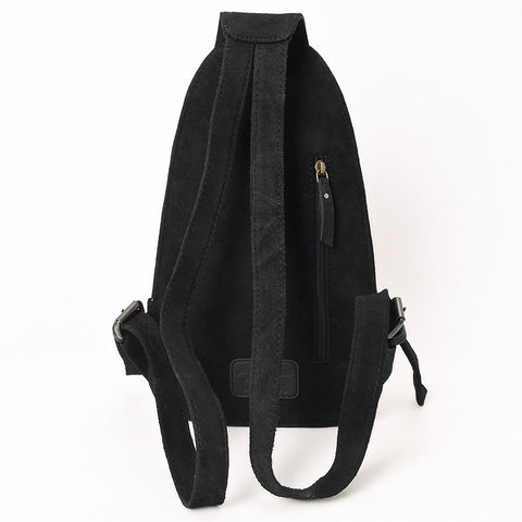 American Darling Black Suede Genuine Leather Sling Bag with Hand Tooled Floral Front & Buck Stitch Details