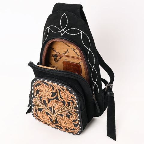 American Darling Black Suede Genuine Leather Sling Bag with Hand Tooled Floral Front & Buck Stitch Details