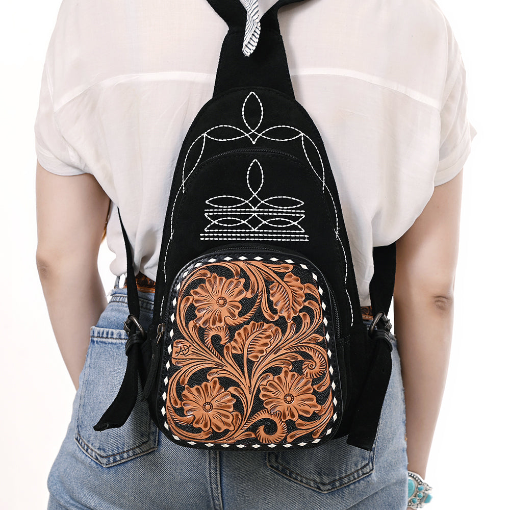 ADBG1573A Black Genuine suede Sling Bag - Tooled Leather Floral Pocket