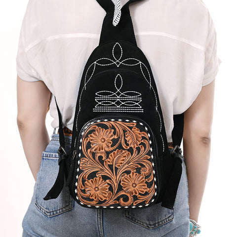 American Darling Black Suede Genuine Leather Sling Bag with Hand Tooled Floral Front & Buck Stitch Details