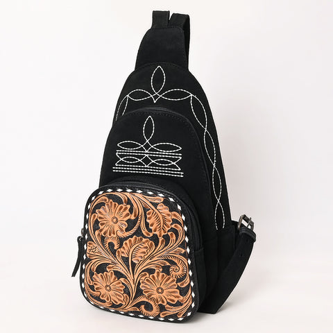 American Darling Black Suede Genuine Leather Sling Bag with Hand Tooled Floral Front & Buck Stitch Details