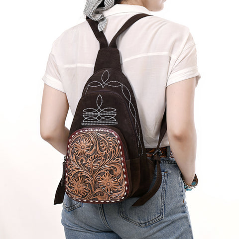 American Darling Genuine Suede Leather Sling Bag with Hand Tooled Floral Front & Buck Stitch Details