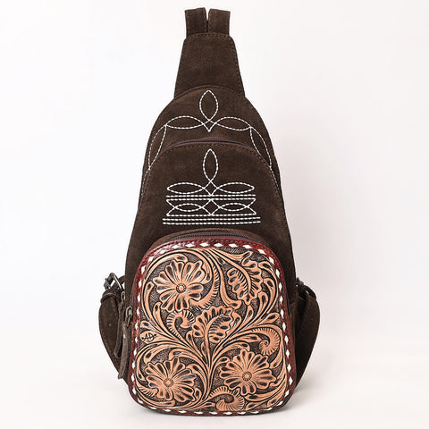 American Darling Genuine Suede Leather Sling Bag with Hand Tooled Floral Front & Buck Stitch Details