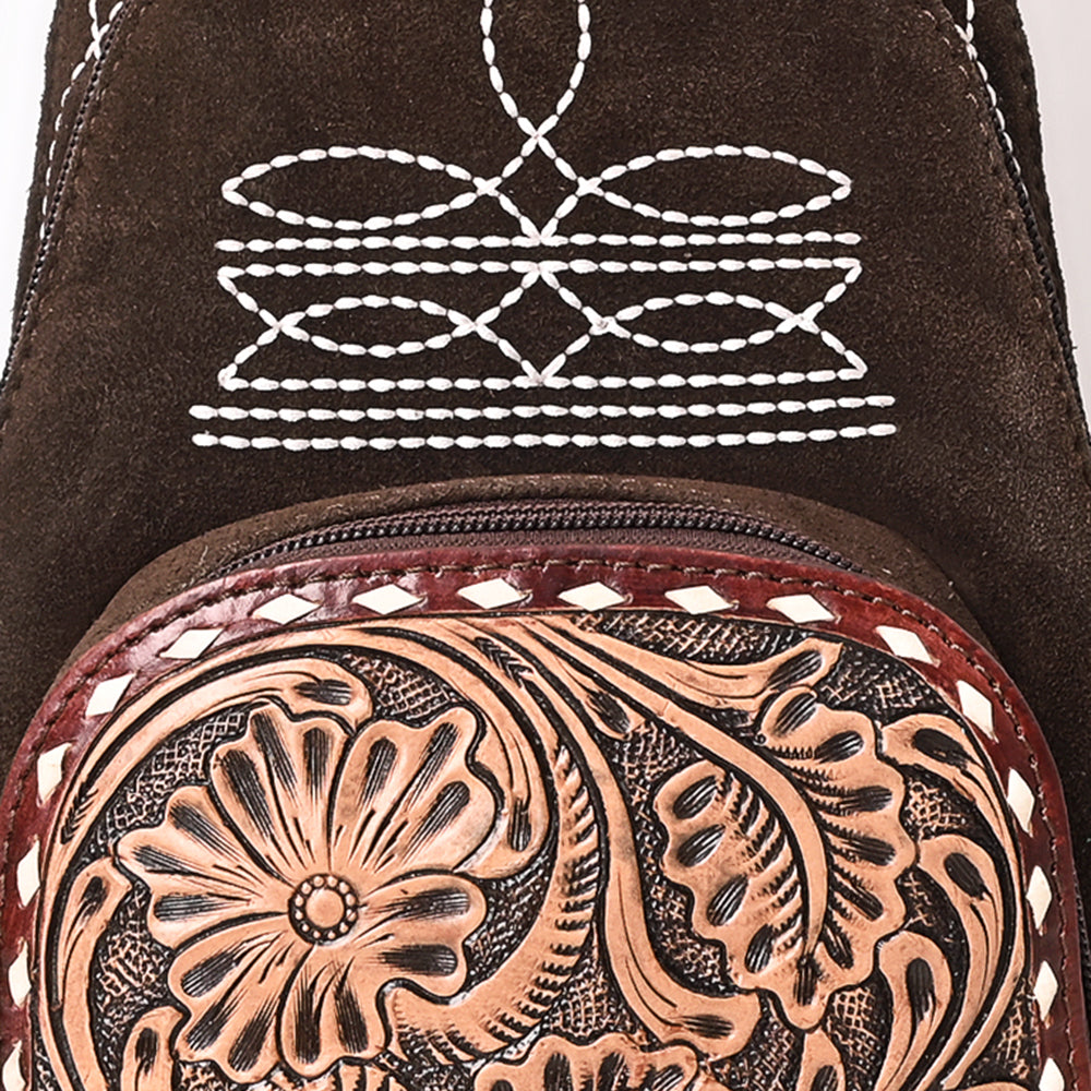 ADBG1573 Genuine suede Sling Bag - Floral Tooled Leather Pocket