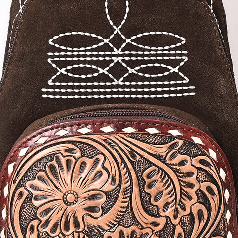 American Darling Genuine Suede Leather Sling Bag with Hand Tooled Floral Front & Buck Stitch Details
