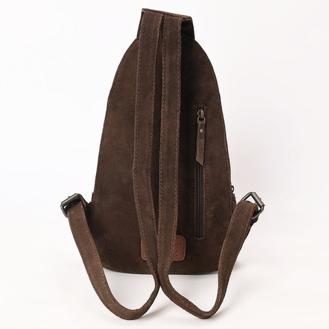 American Darling Genuine Suede Leather Sling Bag with Hand Tooled Floral Front & Buck Stitch Details