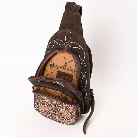 American Darling Genuine Suede Leather Sling Bag with Hand Tooled Floral Front & Buck Stitch Details