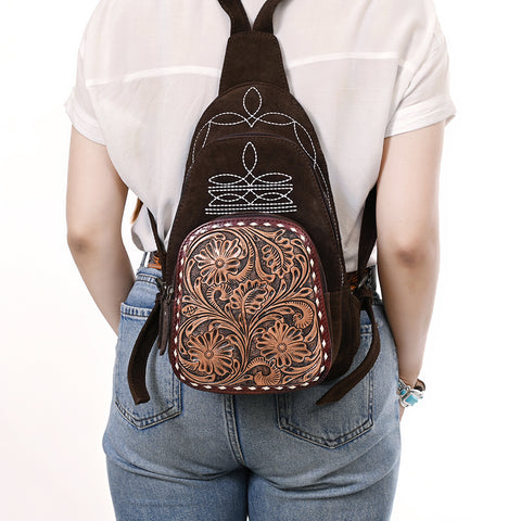 American Darling Genuine Suede Leather Sling Bag with Hand Tooled Floral Front & Buck Stitch Details