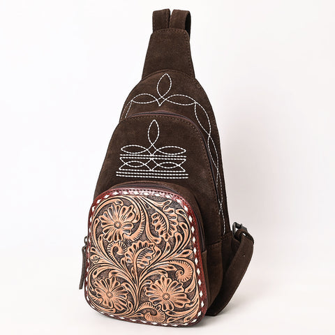 American Darling Genuine Suede Leather Sling Bag with Hand Tooled Floral Front & Buck Stitch Details