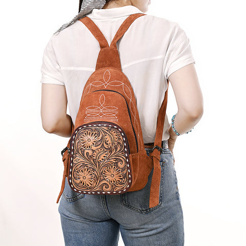 American Darling Genuine Suede Leather Sling Bag with Hand Tooled Floral Front & Buck Stitch Details
