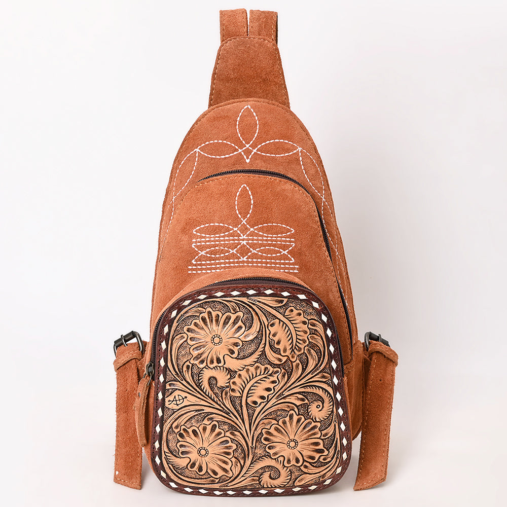 ADBG1573 Genuine suede Sling Bag - Floral Tooled Leather Pocket