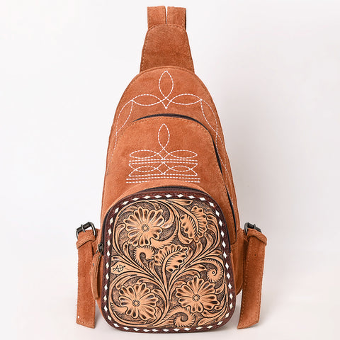 American Darling Genuine Suede Leather Sling Bag with Hand Tooled Floral Front & Buck Stitch Details