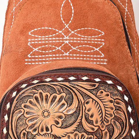 American Darling Genuine Suede Leather Sling Bag with Hand Tooled Floral Front & Buck Stitch Details