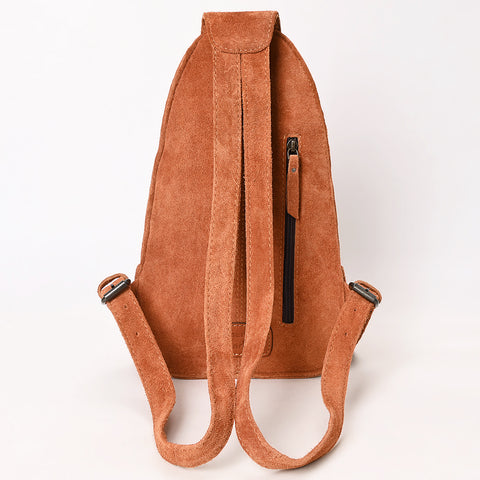 American Darling Genuine Suede Leather Sling Bag with Hand Tooled Floral Front & Buck Stitch Details